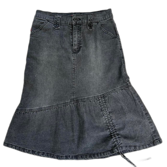 Vintage True Y2k let me knee length B. Black denim mini skirt with ruffle small - Picture 1 of 8